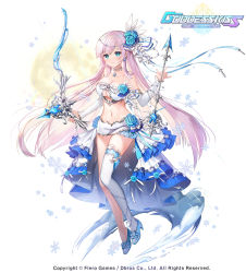 Rule 34 | 1girl, apple caramel, arrow (projectile), bare shoulders, blue eyes, blue flower, blue footwear, bow (weapon), breasts, cleavage, company name, copyright name, earrings, flower, full body, goddess kiss, highres, holding, holding bow (weapon), holding weapon, jewelry, long hair, looking at viewer, midriff, navel, official art, silver hair, snowflakes, solo, very long hair, weapon, white background