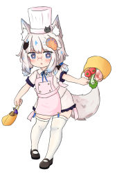 Rule 34 | 1girl, animal ear fluff, animal ears, apron, bag, bailingxiao jiu, bikini, black bikini, black footwear, blue eyes, blue ribbon, blush, bow, braid, chef hat, collared shirt, eggplant, food, frilled skirt, frills, full body, hair bow, hat, heart, heart-shaped pupils, highres, holding, holding bag, looking at viewer, low twintails, meat, neck ribbon, original, parted lips, pink apron, potato, ribbon, shirt, shoes, short sleeves, short twintails, side braid, silver hair, simple background, single braid, skirt, solo, swimsuit, symbol-shaped pupils, tail, thighhighs, tomato, twintails, white background, white hat, white shirt, white skirt, white thighhighs
