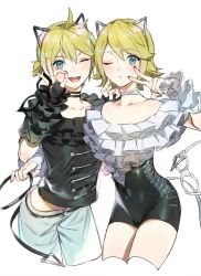 Rule 34 | 1boy, 1girl, :t, animal ears, bad id, bad pixiv id, belt, blonde hair, brother and sister, cat ears, choker, closed mouth, fake animal ears, frilled sleeves, frills, ivy cat&#039;s-eye (module), kagamine len, kagamine rin, looking at viewer, naoko (naonocoto), ok sign, one eye closed, open mouth, project diva (series), revision, round teeth, siblings, simple background, standing, teeth, thighs, twins, upper teeth only, v, vocaloid, white background