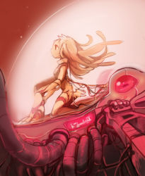 Rule 34 | 1girl, bad id, bad pixiv id, blonde hair, commentary request, dome, dress, floating hair, highres, long hair, looking afar, monochrome, multiple monochrome, orange theme, original, red theme, sakata kaname, sitting, sketch, solo, wire