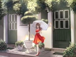 Rule 34 | 1girl, absurdres, blue eyes, brown hair, building, closed mouth, collarbone, commentary request, day, door, dress, floating hair, frilled umbrella, frills, full body, high heels, highres, holding, holding umbrella, long hair, looking at viewer, original, outdoors, plant, red dress, red footwear, rug, shirai (vapura4), short sleeves, solo, standing, strappy heels, tree, umbrella, white umbrella