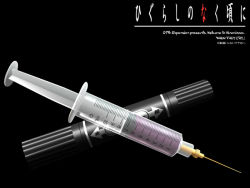Rule 34 | 00s, black background, dark, english text, higurashi no naku koro ni, marker, medical, needle, no humans, realistic, simple background, syringe