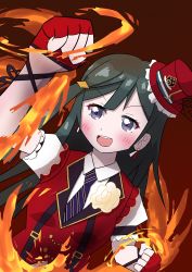 Rule 34 | 1girl, artist name, artist request, black hair, blue hair, blush, breasts, brown background, chase (love live!), clenched hands, collared shirt, dark blue hair, dress shirt, earrings, female focus, fingerless gloves, fire, gloves, grey eyes, hair ornament, hairclip, half gloves, hat, highres, jewelry, long hair, looking at viewer, love live!, love live! nijigasaki high school idol club, love live! school idol festival, mini hat, mini top hat, necktie, parted lips, ponytail, puffy short sleeves, puffy sleeves, purple neckwear, red gloves, red hat, red shirt, red vest, ribbon, shirt, short sleeves, side ponytail, small breasts, smile, solo, suspenders, top hat, triangle earrings, upper body, v-shaped eyebrows, vest, wing collar, yuki setsuna (love live!)