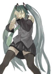 Rule 34 | 1boy, azomo, black skirt, black thighhighs, closed mouth, collared shirt, commentary request, detached sleeves, fighting stance, genderswap, genderswap (mtf), green hair, green necktie, grey shirt, hand up, hatsune miku, highres, legs apart, long hair, long sleeves, looking at viewer, male focus, muted color, necktie, pleated skirt, sanpaku, shirt, shoulder tattoo, simple background, skirt, sleeveless, sleeveless shirt, solo, tattoo, thighhighs, twintails, very long hair, vocaloid, white background, wing collar