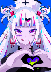 Rule 34 | 1girl, blood, blood bag, blue background, earrings, goma irasuto, hat, heart, highres, hime cut, jewelry, looking at viewer, nurse, nurse cap, original, purple eyes, signature, solo, straight hair, tattoo, tongue, tongue out, white hair