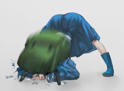 Rule 34 | 1girl, absurdres, aesur a, backpack, bag, blue hair, boots, failure, full body, grey background, highres, jack-o&#039; challenge, kawashiro nitori, long hair, long sleeves, motion blur, rubber boots, simple background, solo, spread legs, top-down bottom-up, touhou