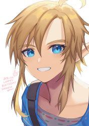 Rule 34 | 1boy, absurdres, ahoge, blonde hair, blue eyes, blue tunic, collarbone, commentary request, dated, eyelashes, grey shirt, grin, hair between eyes, happy birthday, highres, link, looking at viewer, male focus, nintendo, pointy ears, shirt, smile, solo, the legend of zelda, upper body, white background, yasaikakiage