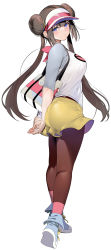 Rule 34 | 1girl, bag, blue eyes, blue footwear, breasts, brown hair, brown pantyhose, closed mouth, creatures (company), double bun, from behind, full body, game freak, hair bun, highres, holding, holding bag, long hair, looking at viewer, marushin (denwa0214), medium breasts, nintendo, pantyhose, pokemon, pokemon bw2, raglan sleeves, rosa (pokemon), shoes, shorts, simple background, solo, standing, twintails, visor cap, white background, yellow shorts