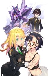 Rule 34 | 1boy, 2girls, arched back, asymmetrical bangs, bare shoulders, black hair, blonde hair, breast press, breasts, cleavage, closed mouth, cowboy shot, crop top, from side, glasses, gloves, green eyes, green necktie, large breasts, leaning forward, long hair, looking at viewer, mecha, multiple girls, necktie, official art, open mouth, orange eyes, ore wa hoshi ma kokka no akutoku ryoshu!, purple eyes, robot, smile, swept bangs, symmetrical docking, takamine nadare, tank top, uniform