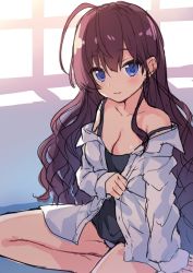 Rule 34 | 1girl, ahoge, antenna hair, bad id, bad twitter id, bare shoulders, blouse, blue eyes, blush, breasts, brown hair, cleavage, ichinose shiki, idolmaster, idolmaster cinderella girls, long hair, long sleeves, looking at viewer, loose clothes, loose shirt, medium breasts, no pants, open clothes, open shirt, rurudo, shirt, simple background, sitting, sketch, smile, solo