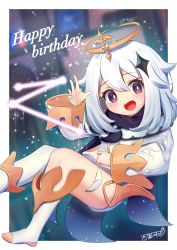 Rule 34 | 1girl, absurdres, blue eyes, fairy, genshin impact, halo, happy birthday, highres, looking at viewer, nishiuji, open mouth, outside border, paimon (genshin impact), smile, white hair