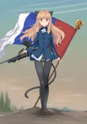 Rule 34 | 1girl, absurdres, animal ears, aohashi ame, black pantyhose, blonde hair, blush, breasts, cat ears, cat tail, closed mouth, french flag, full body, gun, highres, long hair, looking at viewer, military, neckerchief, outdoors, panties, panties under pantyhose, pantyhose, perrine h. clostermann, rifle, sky, small breasts, smile, solo, standing, strike witches, tail, underwear, uniform, weapon, white neckerchief, white panties, world witches series, yellow eyes