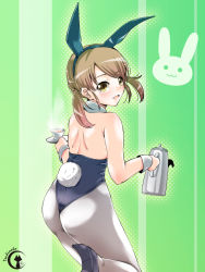 Rule 34 | 10s, 1girl, animal ears, artist name, ass, bare shoulders, blush, brown eyes, brown hair, cup, detached collar, fake animal ears, highres, kantai collection, leotard, long hair, looking at viewer, looking back, low twintails, open mouth, pantyhose, playboy bunny, rabbit ears, rabbit tail, saucer, shirayuki (kancolle), smile, solo, steam, tail, tea, teacup, teapot, tsukineko, twintails, white pantyhose, wrist cuffs