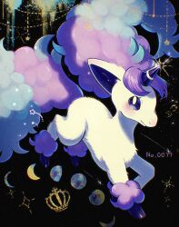 Rule 34 | animal focus, black background, blue hair, blush, chromatic aberration, closed mouth, colored sclera, creatures (company), crescent moon, crown, full body, full moon, galarian form, galarian ponyta, game freak, gen 8 pokemon, glint, highres, long hair, looking up, moon, moon phases, multicolored hair, nintendo, no humans, pokedex number, pokemon, pokemon (creature), purple hair, purple sclera, riru maru08, solo, star (symbol), two-tone hair, unicorn, very long hair, white eyes