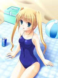 Rule 34 | ball, beachball, blonde hair, can, drink can, green eyes, long hair, miu (c blue), one-piece swimsuit, sand, soda can, swimsuit, twintails
