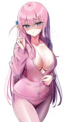 Rule 34 | 1girl, absurdres, aqua eyes, blush, bocchi the rock!, breasts, cleavage, collarbone, cube hair ornament, gotoh hitori, hair ornament, hanasaka houcha, highres, jacket, large breasts, long hair, looking at viewer, one side up, pants, pink hair, pink jacket, pink pants, simple background, solo, sweat, track jacket, white background
