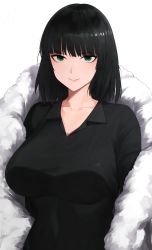 Rule 34 | 1girl, black dress, black hair, blunt bangs, breasts, closed mouth, coat, commentary request, dress, fubuki (one-punch man), fur coat, green eyes, highres, large breasts, looking at viewer, medium hair, one-punch man, senju (snz0), smile, solo, taut clothes, taut dress, upper body, white background