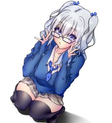 Rule 34 | 10s, 1girl, alternate costume, black thighhighs, blue eyes, glasses, highres, kantai collection, kashima (kancolle), looking at viewer, silver hair, skirt, sleeves past wrists, solo, squatting, tetsu (excalibur920), thighhighs, twintails, zettai ryouiki