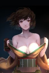 Rule 34 | 10s, 1girl, bare shoulders, breasts, brown eyes, brown hair, cleavage, collarbone, female focus, gloves, highres, hiryuu (kancolle), japanese clothes, kantai collection, large breasts, lips, looking at viewer, neck, no bra, nose, off shoulder, one side up, orange eyes, partially fingerless gloves, partly fingerless gloves, revision, short hair, single glove, smile, sola7764, solo, twintails, undressing, upper body, yugake