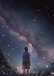Rule 34 | 1boy, arms at sides, black hair, brown shirt, cloud, commentary, corn field, facing away, from behind, from below, grey shirt, legs apart, light particles, looking up, male focus, milky way, motion blur, night, night sky, original, outdoors, petals, scenery, shirt, shooting star, short sleeves, sishenfan, sky, solo, standing, star (sky), starry sky