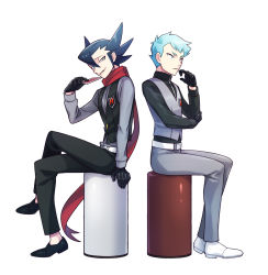 Rule 34 | 2boys, aqua hair, archer (pokemon), belt, black footwear, black gloves, black hair, black pants, black vest, buttons, card, commentary request, creatures (company), crossed legs, game freak, gloves, grey pants, grey shirt, grey vest, grimsley (pokemon), hand up, holding, holding card, jacket, long sleeves, looking at viewer, male focus, momoji (lobolobo2010), multiple boys, nintendo, pants, playing card, pokemon, pokemon bw, pokemon lgpe, red scarf, scarf, shirt, shoes, sitting, smile, vest