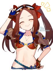 Rule 34 | (fate), (ruler), 1girl, ^ ^, arm up, bikini, bikini top only, blue shorts, blush, breasts, brown gloves, brown hair, closed eyes, closed mouth, collarbone, da (room), facing viewer, fate/grand order, fate (series), fingerless gloves, forehead, gloves, goggles, goggles on head, hair ribbon, head tilt, highres, jewelry, leonardo, leonardo da vinci (fate), leonardo da vinci (swimsuit ruler) (fate), long hair, necklace, notice lines, parted bangs, puffy short sleeves, puffy sleeves, red bikini, red ribbon, ribbon, short sleeves, shorts, shrug (clothing), sidelocks, signature, simple background, small breasts, smile, sofra, solo, swimsuit, thighs, twintails, twitter username, vinci, white background