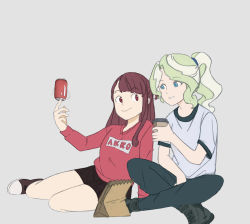 Rule 34 | 2girls, alternate hairstyle, bag, blonde hair, blue eyes, blue skirt, brown hair, can, casual, coffee cup, cup, denim, diana cavendish, disposable cup, drink can, grey background, jeans, kagari atsuko, l-lauriet, little witch academia, looking at another, multicolored hair, multiple girls, pants, ponytail, red eyes, red shirt, shirt, shorts, simple background, skirt, smile, soda can, two-tone hair, two-tone shirt, yuri