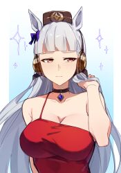 Rule 34 | 1girl, animal ears, bare shoulders, blue background, blush, breasts, brown hat, cleavage, closed mouth, dress, gold ship (umamusume), gradient background, grey hair, hat, highres, horse ears, horse girl, horse tail, jenshenya, large breasts, looking to the side, off shoulder, red dress, red eyes, sleeveless, sleeveless dress, solo, tail, umamusume, upper body
