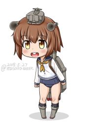 Rule 34 | 1girl, blue one-piece swimsuit, blue sailor collar, boots, brown eyes, brown hair, buck teeth, dated, dress, full body, headgear, headset, kantai collection, machinery, masara (chuujou), neckerchief, one-piece swimsuit, round teeth, sailor collar, sailor dress, school swimsuit, short hair, simple background, solo, speaking tube headset, standing, swimsuit, swimsuit under clothes, teeth, twitter username, upper teeth only, white background, yellow neckerchief, yukikaze (kancolle)