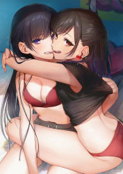 Rule 34 | 2girls, :q, armpit peek, ass, ayamori mimi, bed sheet, biting own lip, black hair, blush, bra, breasts, brown hair, cleavage, clenched teeth, commentary request, crop top, earrings, gradient hair, heart, heart-shaped pillow, heart earrings, highres, hug, jewelry, long hair, looking at viewer, medium breasts, multicolored hair, multiple girls, on bed, original, panties, parted lips, pillow, purple eyes, purple hair, red bra, red eyes, red panties, short sleeves, signature, sitting, small breasts, smile, swept bangs, teeth, thighs, tongue, tongue out, underwear, yuri