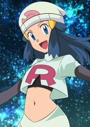 Rule 34 | 1girl, :d, absurdres, beanie, black hair, black shirt, blue eyes, commentary request, cosplay, creatures (company), cropped jacket, dawn (pokemon), elbow gloves, eyelashes, game freak, gloves, hainchu, hair ornament, hairclip, happy, hat, highres, jacket, jessie (pokemon), jessie (pokemon) (cosplay), long hair, looking at viewer, navel, night, nintendo, open mouth, outdoors, pokemon, pokemon (anime), pokemon dppt (anime), shirt, sidelocks, skirt, smile, solo, star (sky), tongue, white headwear, white jacket, white skirt