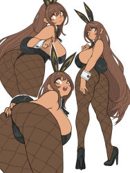 Rule 34 | 1girl, :o, absurdres, animal ears, ass, bare shoulders, black bow, black leotard, blush, bow, breasts, brown eyes, brown hair, brown pantyhose, dark-skinned female, dark skin, detached collar, fake animal ears, fake tail, fishnet pantyhose, fishnets, from behind, goddess of victory: nikke, hand on own ass, highleg, highleg leotard, highres, huge breasts, leaning forward, leotard, long hair, multiple views, noir (nikke), open mouth, pantyhose, parted lips, playboy bunny, rabbit ears, rabbit tail, sideboob, simple background, standing, strapless, strapless leotard, tail, toshinoshin, very long hair, white background, wrist cuffs