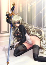 Rule 34 | 10s, 1girl, adsouto, black blindfold, black dress, black gloves, black thighhighs, blindfold, blonde hair, blush, boots, breasts, cleavage, cleavage cutout, clothing cutout, cosplay, covered erect nipples, covered navel, dress, gloves, goblin slayer!, hairband, highleg, highleg leotard, highres, holding, holding sword, holding weapon, kneeling, lace, lace-trimmed legwear, lace trim, large breasts, lens flare, leotard, long hair, long sleeves, nier:automata, nier (series), no pants, puffy sleeves, smile, solo, sword, sword maiden, thigh boots, thighhighs, thighhighs under boots, very long hair, weapon, 2b (nier:automata), 2b (nier:automata) (cosplay)
