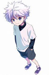 Rule 34 | 1boy, asada hachi, black shirt, black shorts, blue eyes, closed mouth, commentary request, full body, hair between eyes, hands in pockets, hunter x hunter, killua zoldyck, layered sleeves, light purple hair, long sleeves, looking at viewer, male focus, messy hair, purple footwear, shirt, shoes, short hair, short over long sleeves, short sleeves, shorts, simple background, smile, solo, spiked hair, standing, t-shirt, turtleneck, twitter username, watermark, white background, white shirt