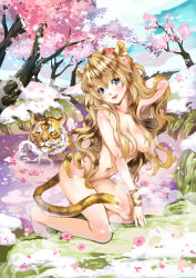 Rule 34 | 1girl, animal ears, barefoot, blonde hair, blue eyes, breasts, cherry blossoms, chushengdao, fang, hair censor, hair over breasts, head tilt, highres, kaku-san-sei million arthur, kneeling, long hair, looking at viewer, million arthur (series), nature, navel, nude, onsen, smile, solo, steam, tail, tiger, tiger ears, tiger tail, water, wavy hair