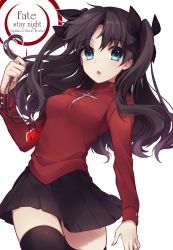 Rule 34 | 1girl, :o, black hair, black thighhighs, blue eyes, fate/stay night, fate (series), hair ribbon, highres, ichinose yukino, jewelry, long hair, long sleeves, looking at viewer, necklace, pendant, ribbon, solo, thighhighs, tohsaka rin, two side up, zettai ryouiki