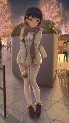 Rule 34 | 1girl, ankle boots, averting eyes, bag, black footwear, black hair, black scarf, blunt bangs, blush, boots, breasts, brown eyes, city, closed mouth, coat, cookie, dog, dress, flower, food, full body, hair flower, hair ornament, hairclip, handbag, highres, himitsu (hi mi tsu 2), hina saori (himitsu), holding, long sleeves, looking to the side, night, open clothes, open coat, original, outdoors, pantyhose, scarf, short hair, shoulder bag, sleeves past wrists, small breasts, smile, solo focus, standing, valentine, white dress, white pantyhose, yellow coat