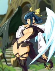 Rule 34 | 1girl, arc system works, arched back, asymmetrical wings, black choker, black thighhighs, blue hair, bow, breasts, cameltoe, center opening, choker, cleavage, commentary, dizzy (guilty gear), english commentary, guilty gear, guilty gear x, guilty gear xx, hair ribbon, hair rings, large breasts, long sleeves, looking down, navel, no bra, optionaltypo, over-kneehighs, puffy long sleeves, puffy sleeves, red eyes, ribbon, short hair, skindentation, solo, tail, tail bow, tail ornament, tail ribbon, thick thighs, thigh strap, thighhighs, thighs, wings