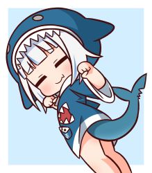 Rule 34 | 1girl, animal hood, blue background, blue hair, blue hoodie, blush, chibi, closed eyes, closed mouth, dutch angle, facing viewer, fang, fang out, fins, fish tail, gawr gura, gawr gura (1st costume), hana kazari, hands up, highres, hololive, hololive english, hood, hood up, hoodie, multicolored hair, paw pose, shark hood, shark tail, short sleeves, solo, streaked hair, tail, two-tone background, virtual youtuber, white background, white hair, wide sleeves