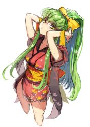 Rule 34 | 1girl, armpit peek, arms behind head, bow, c.c., code geass, cowboy shot, creayus, green hair, hair bow, japanese clothes, kimono, long hair, looking at viewer, no panties, open mouth, ponytail, simple background, sleeves rolled up, solo, sweat, twitter username, white background, yellow eyes