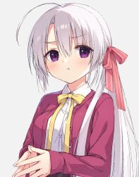 Rule 34 | 1girl, :t, ahoge, ayachi nene, blazer, blush, casual, closed mouth, cofetaru, collared shirt, commentary, eyes visible through hair, grey background, grey hair, hair between eyes, hair ribbon, highres, huge ahoge, jacket, long hair, looking at viewer, neck ribbon, official alternate costume, official alternate hairstyle, open clothes, open jacket, own hands together, pink jacket, pout, purple eyes, red ribbon, ribbon, sanoba witch, shirt, side ponytail, sidelighting, simple background, sleeves past wrists, solo, steepled fingers, straight hair, upper body, very long hair, white shirt, yellow ribbon
