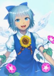 Rule 34 | 1girl, blue bow, blue dress, blue eyes, blue hair, bow, cirno, commentary request, dress, flower, hair bow, hidden star in four seasons, ice, ice wings, kageharu, looking at viewer, open mouth, plant, short hair, short sleeves, smile, solo, sunflower, tan, tanned cirno, touhou, vines, wings