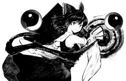 Rule 34 | 1girl, absurdres, bare shoulders, bow, commentary, cowboy shot, detached sleeves, english commentary, frilled bow, frilled hair tubes, frills, from side, greyscale, hair bow, hair tubes, hakurei reimu, highres, holding, looking at viewer, medium hair, monochrome, ofuda, orb, sen (daydream 53), sideways glance, skirt, solo, touhou, vest, yin yang, yin yang orb