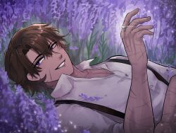 Rule 34 | 1boy, arm up, brown hair, collared shirt, commentary, facial scar, field, flower, flower field, grin, hair between eyes, heathcliff (project moon), highres, jewelry, lavender (flower), limbus company, looking at viewer, lying, male focus, on back, partially unbuttoned, project moon, purple eyes, purple flower, ring, scar, scar on arm, scar on cheek, scar on chest, scar on face, scar on hand, scar on neck, scars all over, shirt, short hair, sideways glance, smile, solo, suspenders, symbol-only commentary, too many, scars all over, upper body, wedding ring, white shirt, zerricat