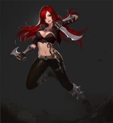 Rule 34 | 1girl, belt, breasts, brown gloves, cleavage, closed mouth, dagger, facial mark, female focus, fingerless gloves, full body, gloves, gradient background, green eyes, hair over one eye, holding, holding weapon, jewelry, katarina (league of legends), knife, league of legends, long hair, midriff, navel, necklace, phonic, red hair, solo, stomach tattoo, sword, tattoo, weapon
