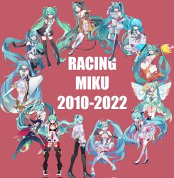 Rule 34 | 6+girls, aqua hair, character name, circle formation, english text, everyone, full body, goodsmile racing, hair between eyes, hand on own hip, hatsune miku, highres, knees together feet apart, kusunokimizuha, multiple girls, racing miku, racing miku (2010), racing miku (2011), racing miku (2012), racing miku (2013), racing miku (2014), racing miku (2015), racing miku (2016), racing miku (2017), racing miku (2018), racing miku (2019), racing miku (2020), racing miku (2021), racing miku (2022), red background, simple background, twintails