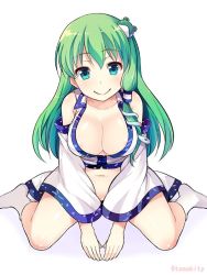 Rule 34 | 1girl, :&gt;, areola slip, asymmetrical hair, bare shoulders, blue eyes, body blush, bottomless, breasts, cleavage, collarbone, cover, detached sleeves, frog hair ornament, from above, full body, green hair, hair ornament, kochiya sanae, large breasts, long hair, long sleeves, looking at viewer, looking up, navel, no bra, nontraditional miko, open clothes, open vest, simple background, sitting, snake hair ornament, socks, solo, tomokichi, touhou, twitter username, v arms, vest, wariza, white background, white socks, white vest