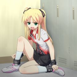 Rule 34 | 1girl, bad id, bad pixiv id, bdsm, blonde hair, bondage, bound, cuffs, from side, full body, green eyes, hair ribbon, indoors, lock, locker, open mouth, original, padlock, ribbon, shino (pixia), shoes, skirt, sneakers, socks, solo, twintails, white socks, wrists to ankles