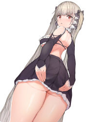 Rule 34 | 1girl, adapted costume, ass, azur lane, back, bad id, bad pixiv id, bare back, bare legs, blush, bra, bra strap, breasts, collar, cross-laced clothes, embarrassed, eyes visible through hair, formidable (azur lane), frilled bra, frilled skirt, frills, from behind, from below, grey hair, hair between eyes, hair ornament, hair ribbon, highres, lace, large breasts, long hair, long sleeves, looking at viewer, looking back, no panties, open mouth, red eyes, ribbon, shoulder blades, sikijou77o, simple background, skirt, solo, thighs, twintails, two-tone ribbon, underwear, very long hair, white background