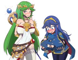 Rule 34 | 2girls, alternate breast size, blue eyes, blue hair, blush, breast expansion, breasts, cleavage, colorized, embarrassed, fire emblem, fire emblem awakening, green eyes, green hair, highres, huge breasts, ink (inksgirls), kid icarus, long hair, lucina (fire emblem), multiple girls, nintendo, palutena, parted bangs, shirt, simple background, skindentation, smile, super smash bros., sweat, tearing up, thighhighs, torn clothes, torn shirt, very long hair, wardrobe malfunction, white background